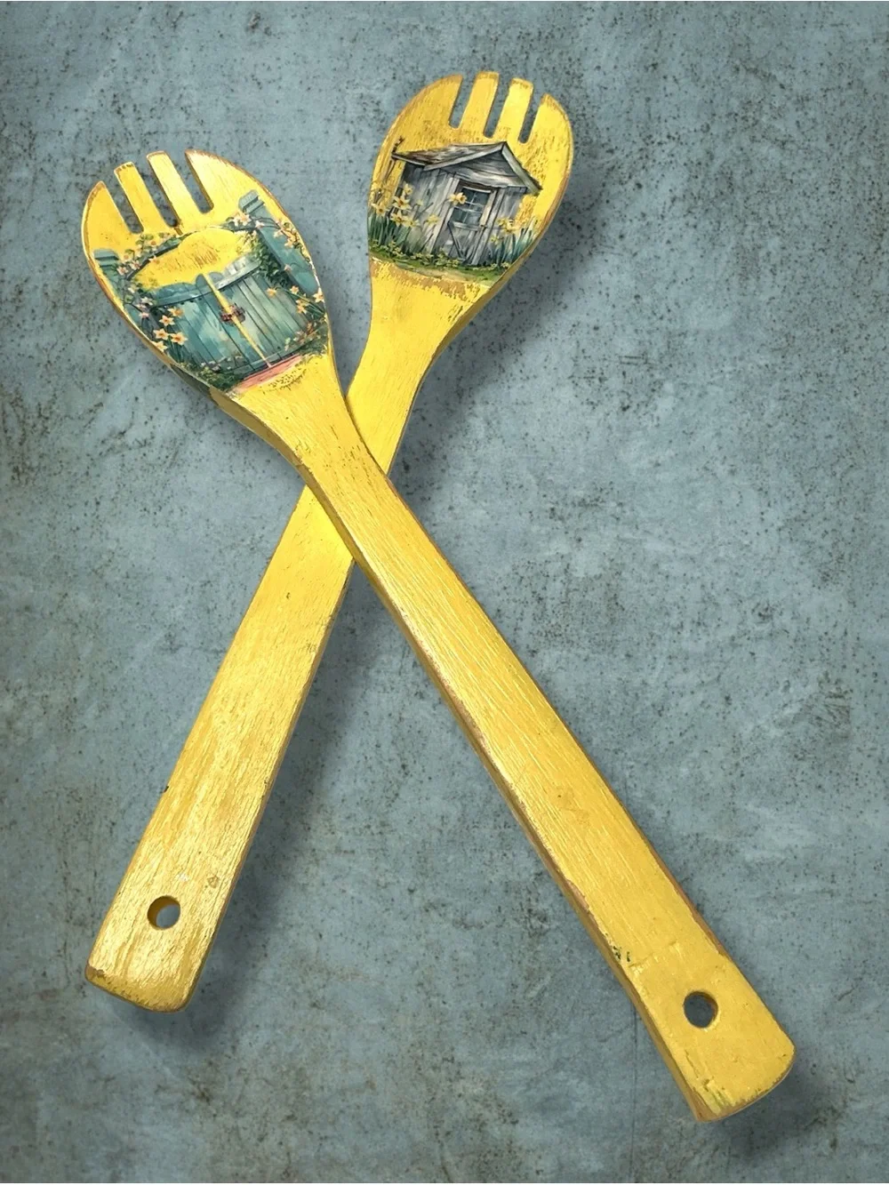 Vintage Folk Art Painted Wooden Utensils w/ Applied Decorative Cottage Cut-outs